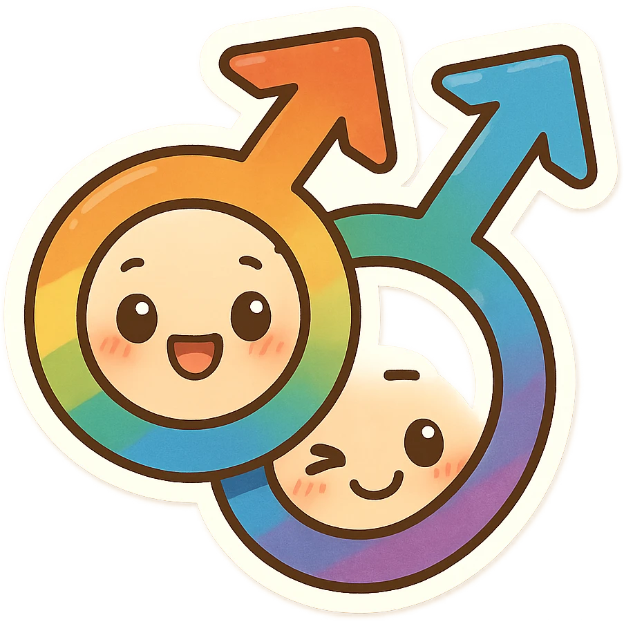 gay pride two interlocked male symbols in rainbow colors, chibi style, playful expression, bright and colorful emoji