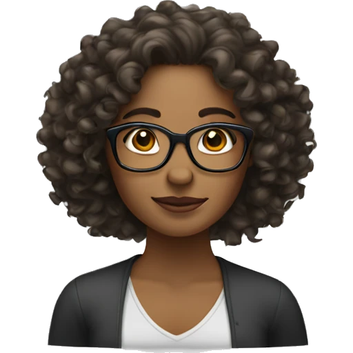 Brown woman, curly long hair, glasses, chest emoji