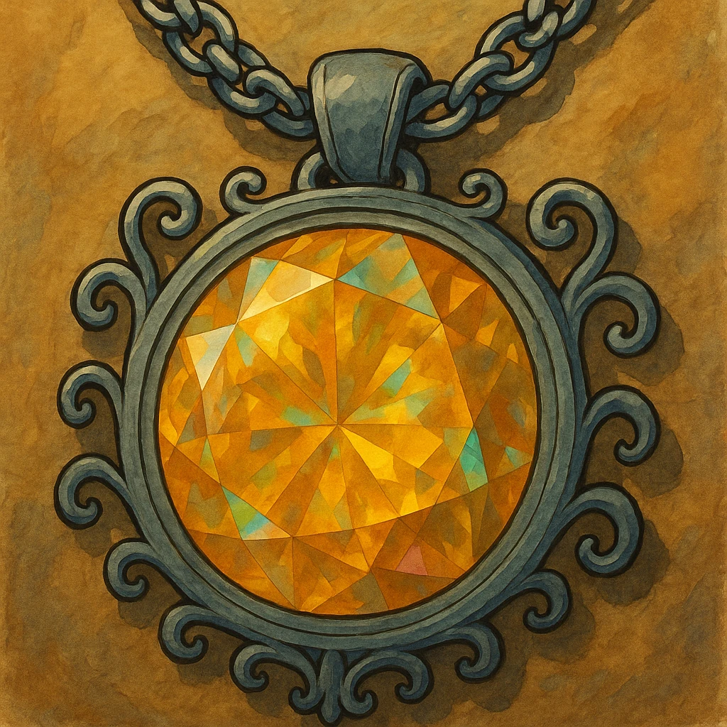 Add a silver chain or ornate setting to the round cut holographic amber charm, keeping the extreme close-up and original style emoji