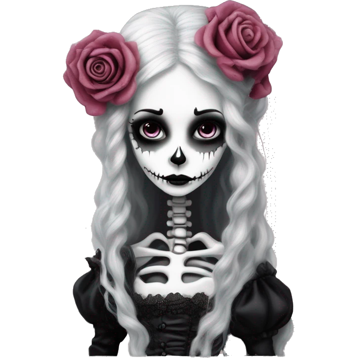 PINK LANDSCAPE PICTURE WITH FRAME: full body, hyper realism, full height skeleton, tim burton "corpse bride", thin porcelain doll with a cracked face, goth makeup, long hair, lace and ruffles, lolita style, inked, black and white, red roses emoji