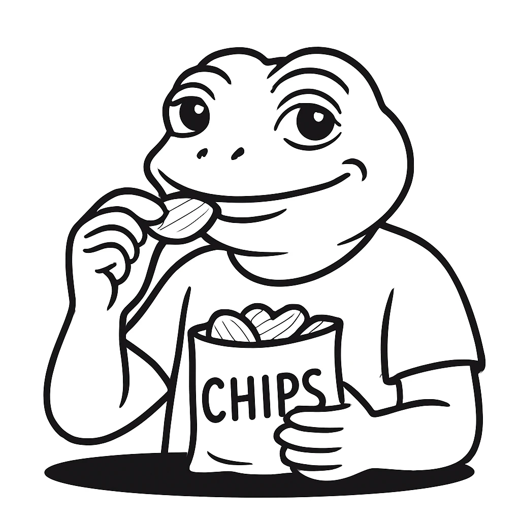 man eating chips, more white, smiling a little, bufo emoji