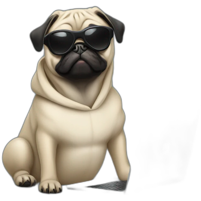 Pug wearing a black hoodie and using a laptop and wearing sunglasses emoji