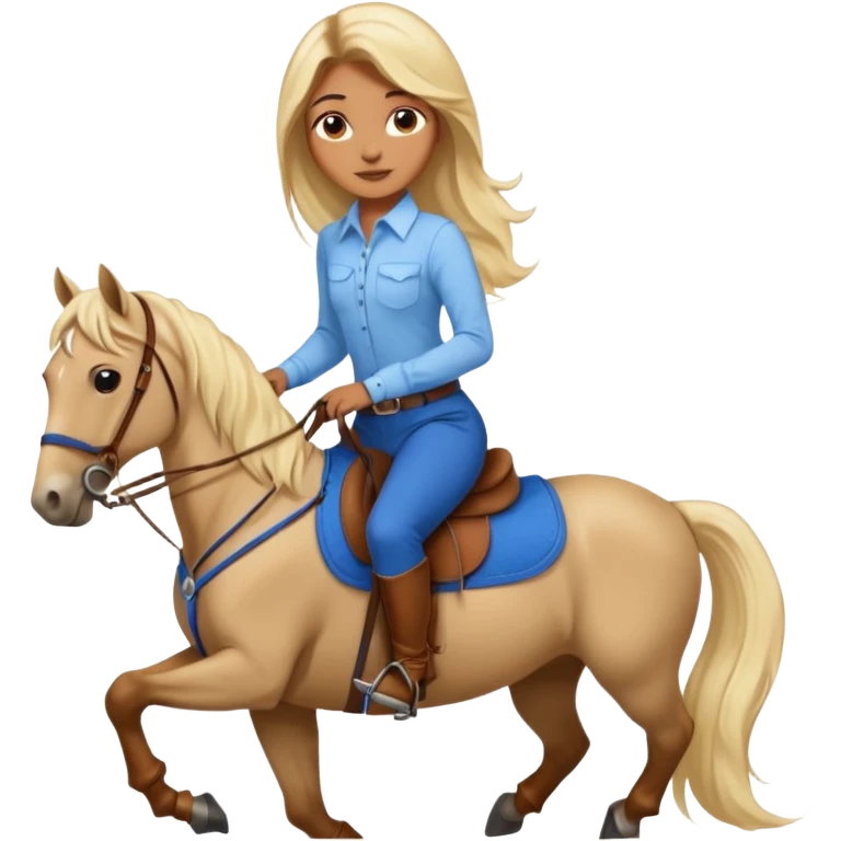 Brown girl with very long blonde hair wearing a cream colored; collared long sleeve shirt and blue riding pants with brown boots on top of a brown horse with 4 legs emoji