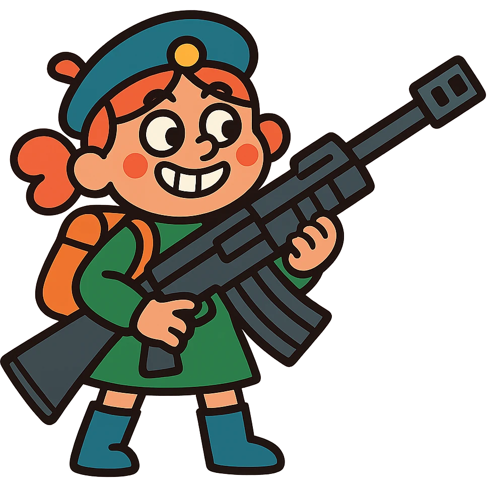 funny, positive stalker girl named Businka with a huge machine gun emoji