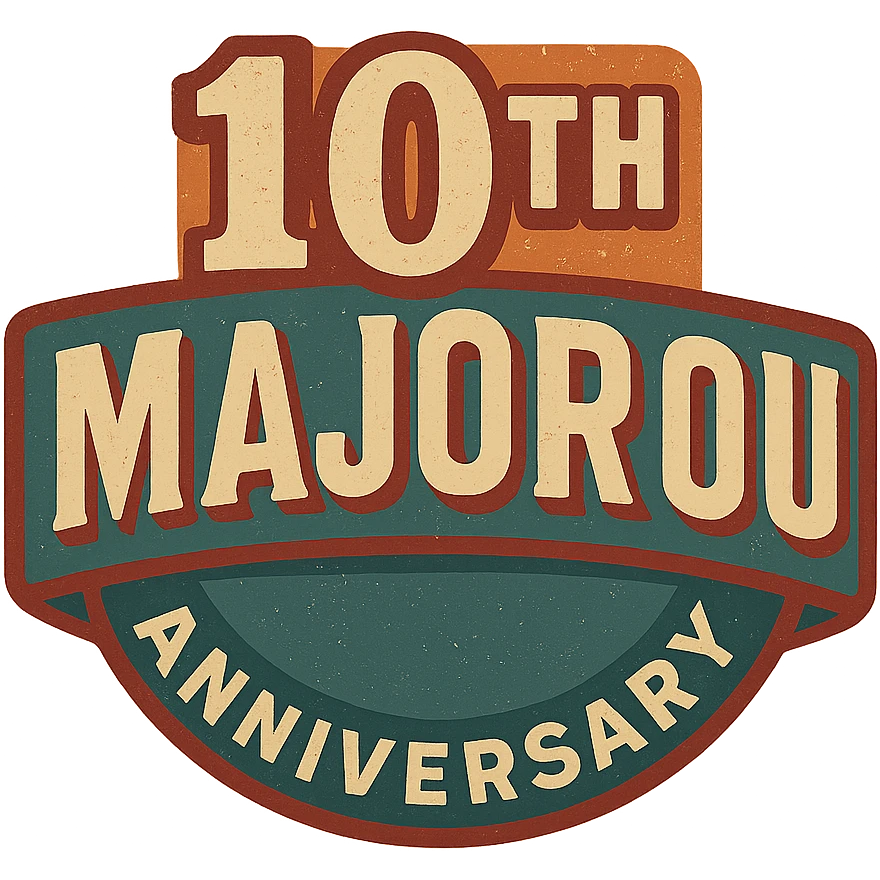 Retro-style 10th anniversary logo for Major Bou with bold typography and vintage colors emoji