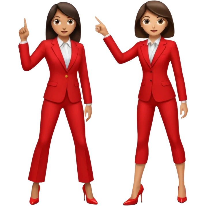 Brunette girl wearing a red power suit and high heels pointing at a man emoji