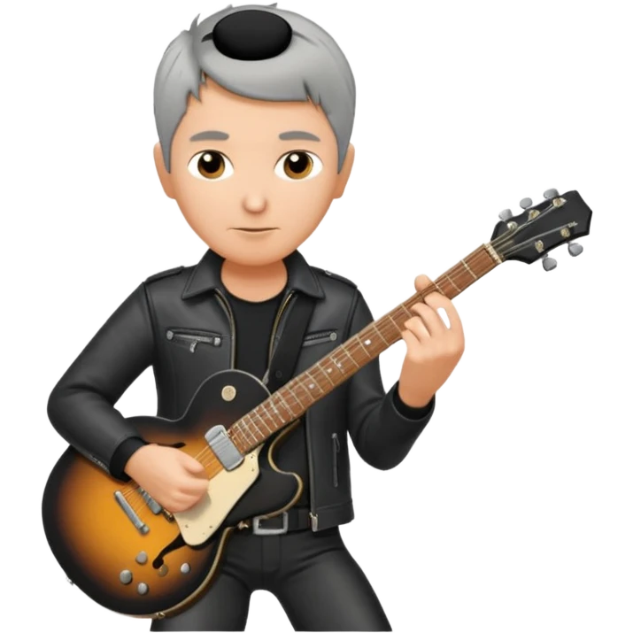 a short grey hair, middle age metal head with black leather, playing a classic epiphone eletric guitar emoji