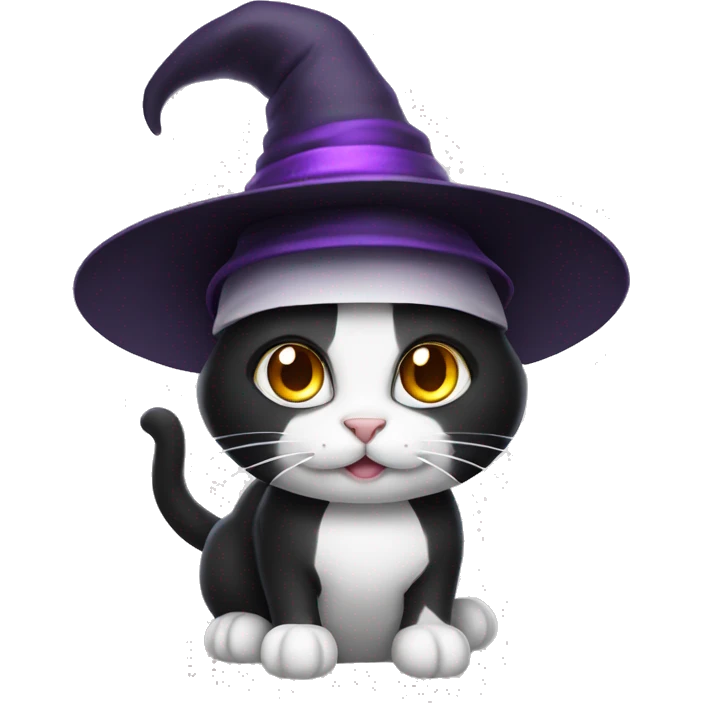 black and white cat with a witch hat emoji