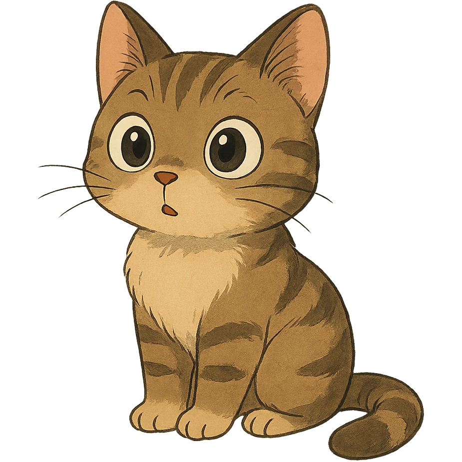 a curious cat with big eyes, ghibli style, cute, expressive emoji