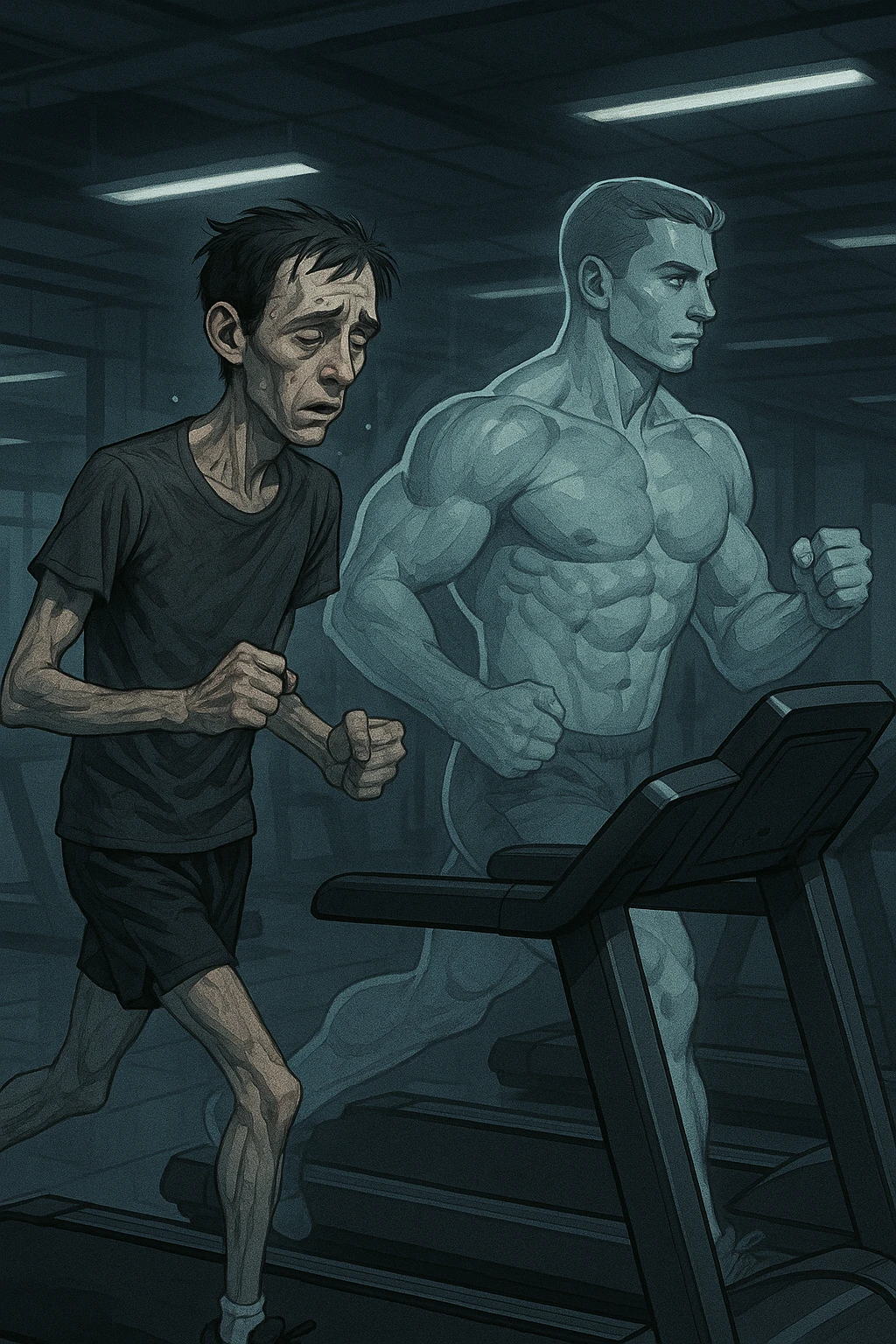 Uomo magro e affaticato che corre su tapis roulant in una palestra. I muscoli delle braccia e delle gambe appaiono ridotti e svuotati, come se stesse perdendo massa muscolare. Espressione stanca sul volto, con accanto una figura trasparente di sé stesso più muscolosa a confronto. Luci fredde e atmosfera di sovrallenamento. in italiano emoji