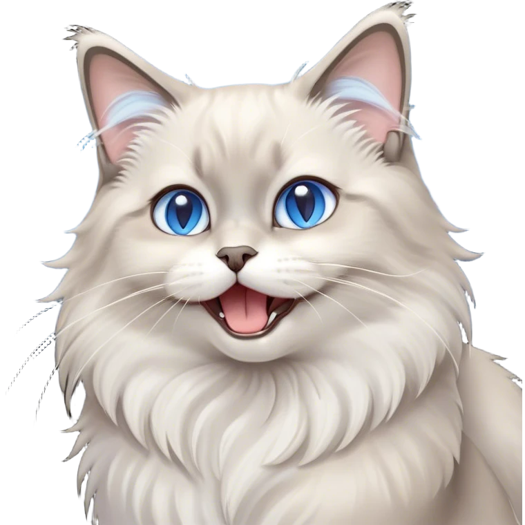 Cinematic Adorable Fluffy Light Grey Mantle Ragdoll Cat Portrait Emoji, Head tilted cutely with big, sparkling blue eyes, soft light grey fur with darker points on the ears, face, and paws, Simplified yet irresistibly adorable features, highly detailed, glowing with a soft, warm glow, high shine, yawning in a peaceful and playful manner, stylized with a touch of whimsy, bright and endearing, soft glowing outline, capturing the essence of a relaxed and loving kitten, so cute it feels like it could leap out of the screen and stretch into a cozy nap! emoji