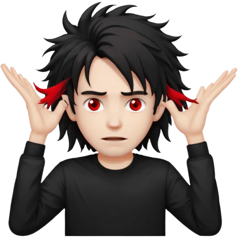 Парень с бледной кожей и красными глазами,  чёрные длинные растрёпанные волосы до ушей, в черной футболке  emoji
