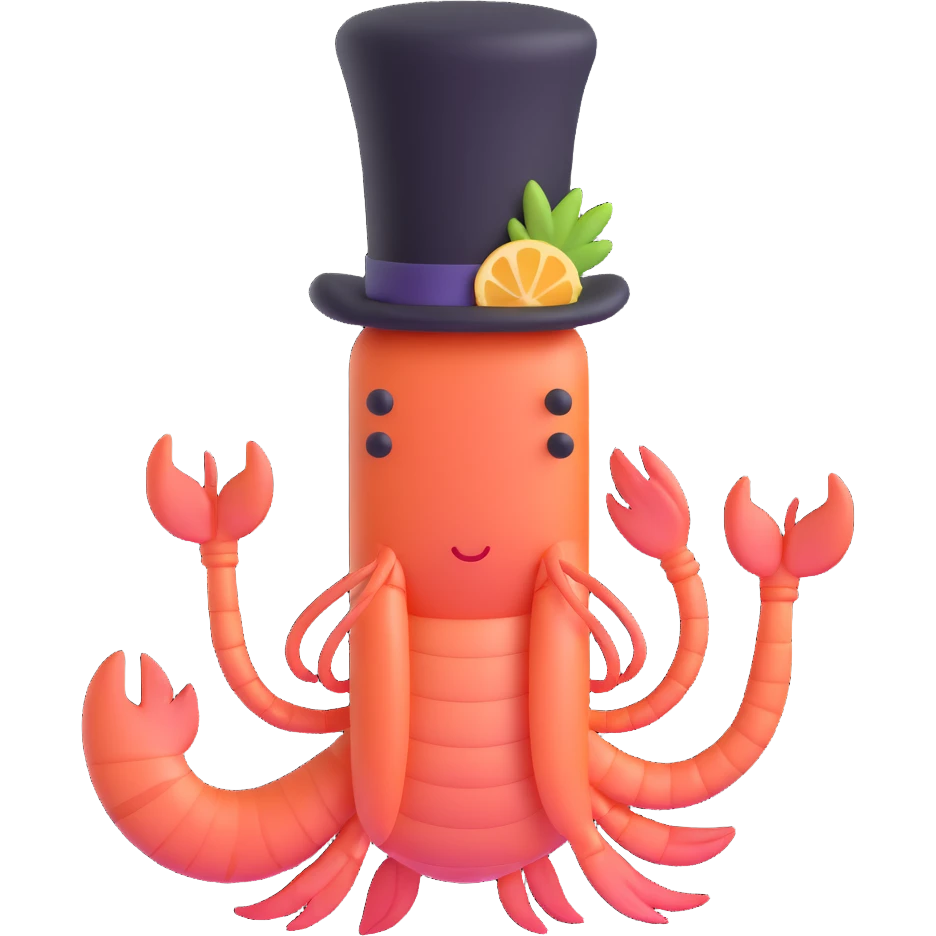 shrimp wearing a top hat, memoji style emoji