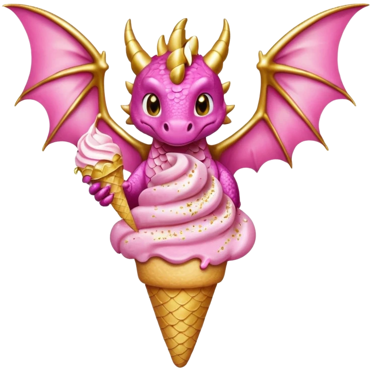 A dragon with its shiny glittered wings in pink tones and pink and gold legs, eats vanilla and chocolate ice cream emoji