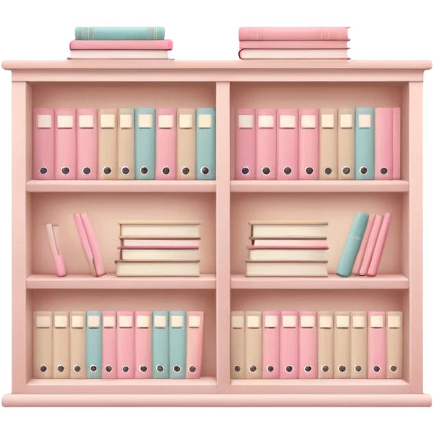 White bookshelf with pastel pink textbooks and beige folders, minimal style emoji