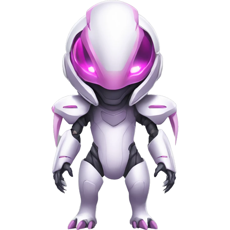 White Medabot-Lizard-Reptile-Raptor-Alien-Genesect-Mewtwo-Fakémon, with pink eyes, with a futuristic visor-helmet, wearing a techwear-suit, Full Body emoji