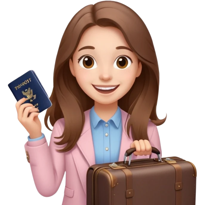 Excited smiling sweetly Girl with long brown hair with a suitcase, ready for travel, passport in hand and many butterflies around pale pink  emoji