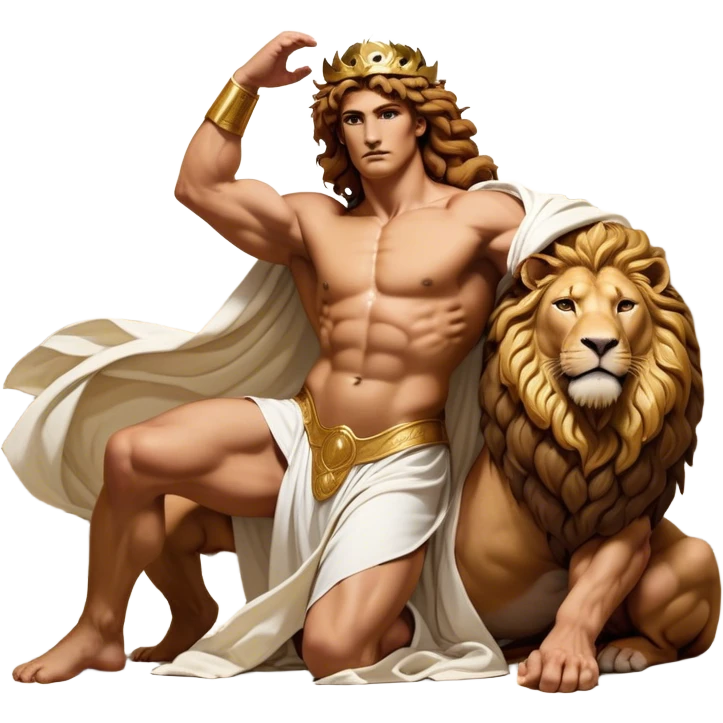 Cinematic Realistic Hercules Portrait, captured in a dramatic lion-wrestling pose that epitomizes raw, heroic strength. His light tan, athletic skin and thick, curly, golden brown hair are showcased as he grapples with a majestic lion, his refined face reminiscent of Michelangelo's David marked by noble determination. Draped in a flowing white robe with understated golden accents and crowned with a classic Greek laurel wreath, dynamic natural lighting accentuates every muscular contour and fierce, commanding expression, embodying the essence of ancient valor. emoji