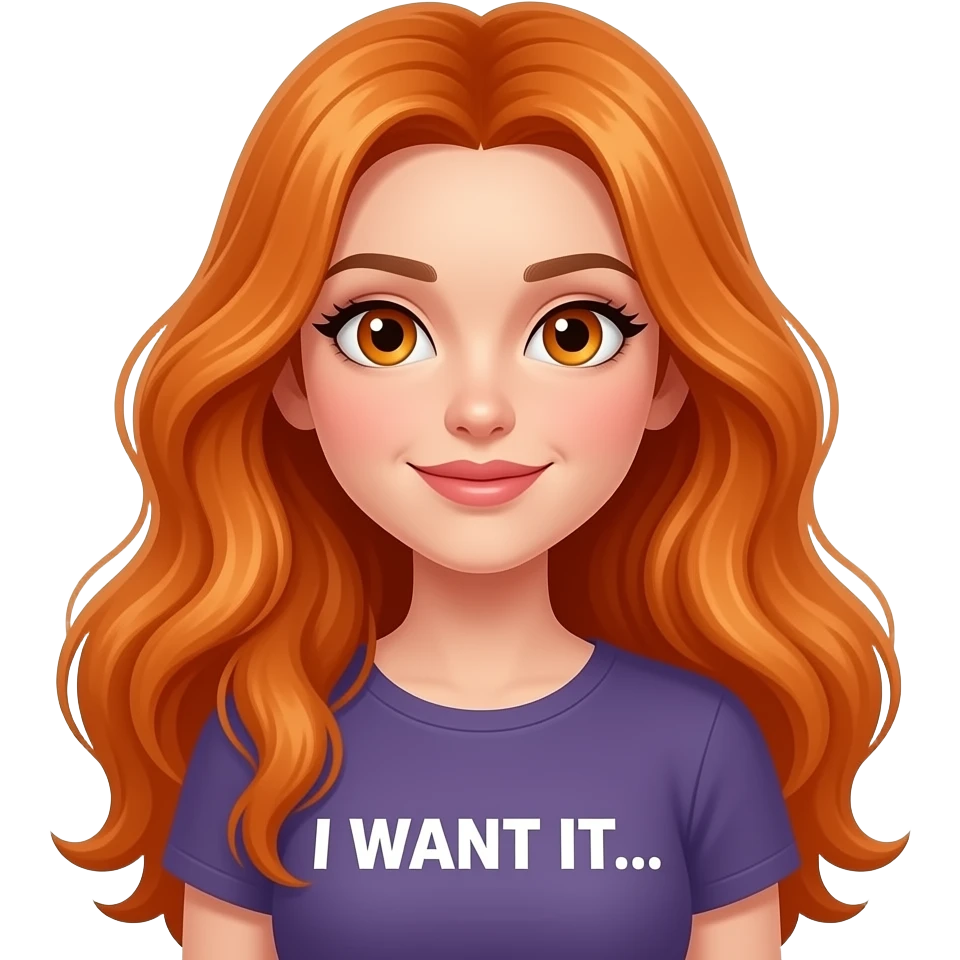 sexy girl with overlong ginger hair and ginger eyes a top with I WANT IT... written on it emoji