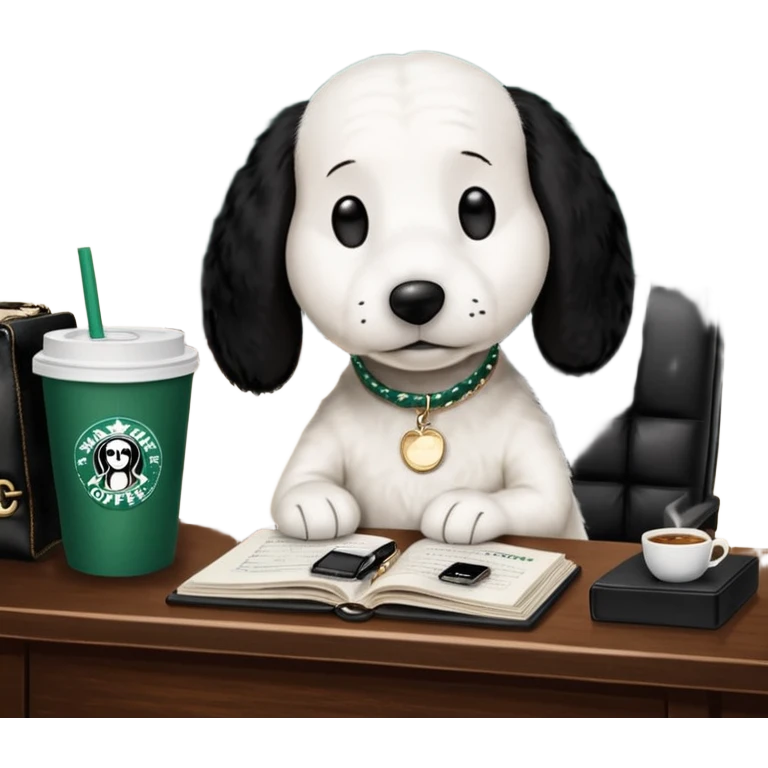 snoopy in a desk with starbucks and his chanel purse emoji