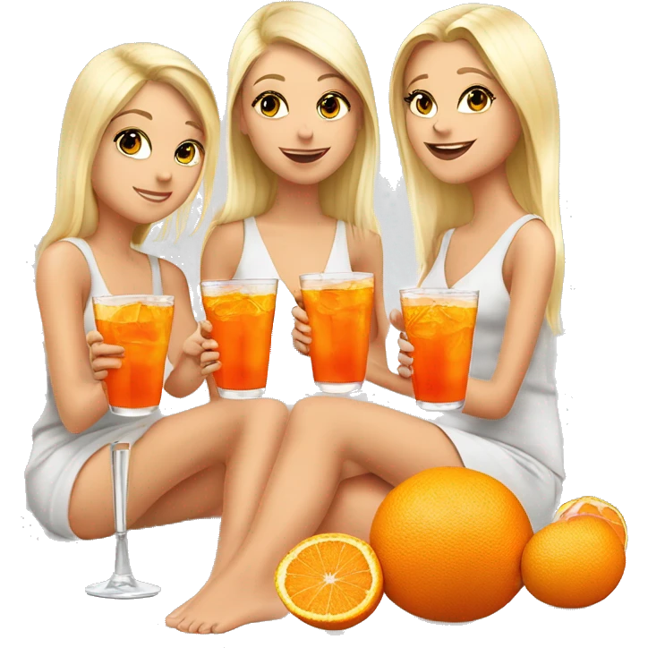 Three beautiful blond girls drinking aperol sitting on oranges emoji