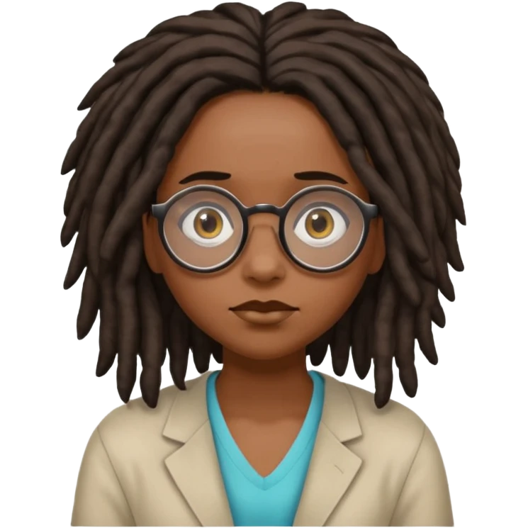 darker skin female with dark dreadlock hair wearing large round glasses shrugging her shoulders emoji
