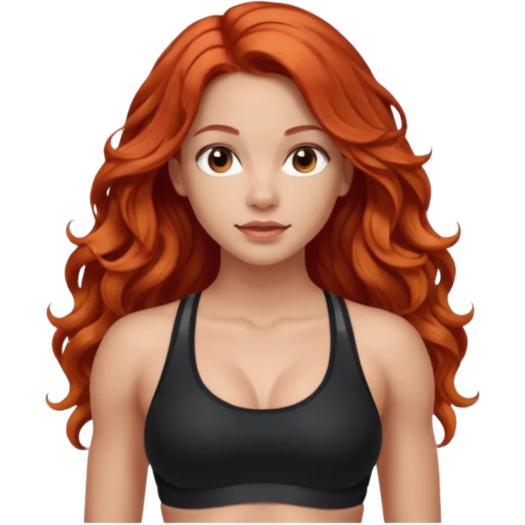 Athletic girl with long light red wavy hair and smaller boobs bigger arms. middle part and black sports bra, long hair emoji