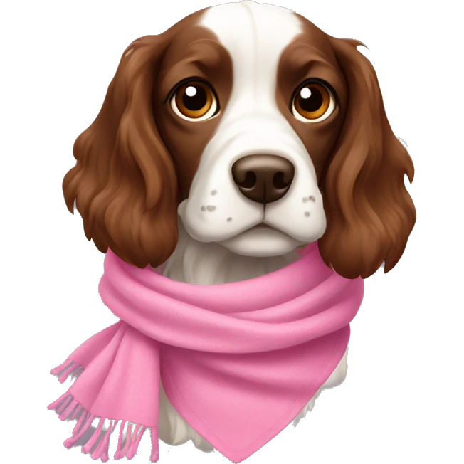 White and brown Russian hunting spaniel wearing pink scarf emoji