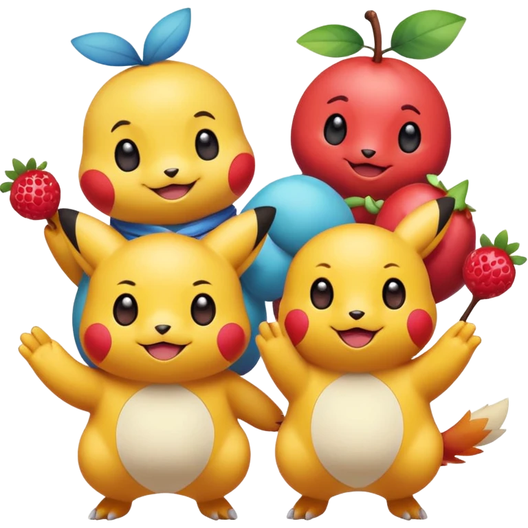 Three Pokémon characters showing kindness and teamwork. One Pokémon is handing a berry to another, while the third Pokémon is cheering and clapping happily. They look joyful and friendly, standing close together in a bright, colorful cartoon scene. The style is cute, playful, and emoji-like. emoji