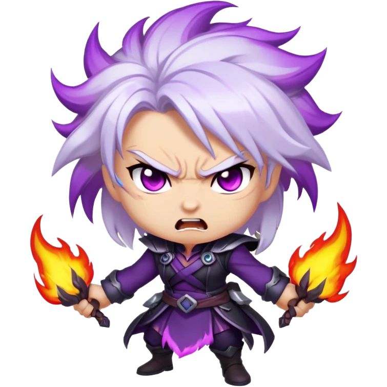 Chibi Sable Ward with rage expression, furious face, glowing purple eyes, white hair with purple streaks, flaming effect around her, angry expression emoji