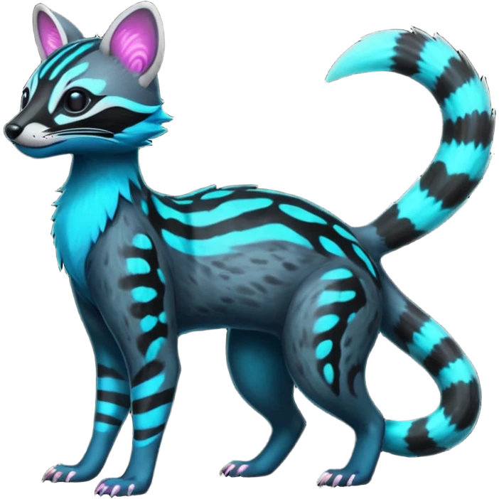 Rare realistic black-scaled neon-glowing bioluminescent edgy badass epic pretty beautiful handsome gorgeous aesthetic colorful vibrant Vernid-Trico-Amaura-Civet-Genet-species-Fakemon-creature by LiLaiRa, 4 legs, 1 tail, random markings, (full body) emoji