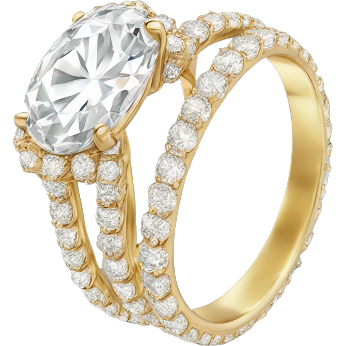 Oval cut diamond ring with lots of diamonds on gold band emoji