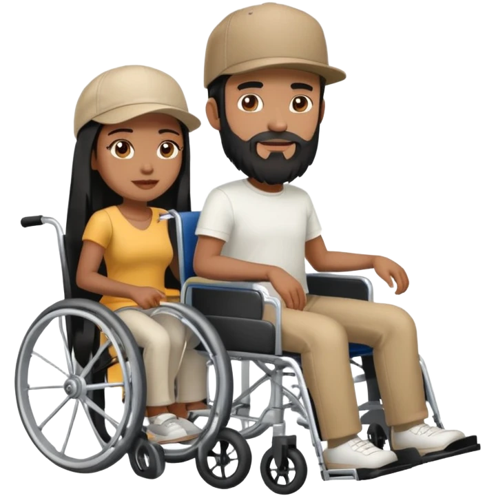 Beige skin man with a beard and cap in a wheelchair sitting next to a brown skin woman with long black hair in a wheelchair  emoji