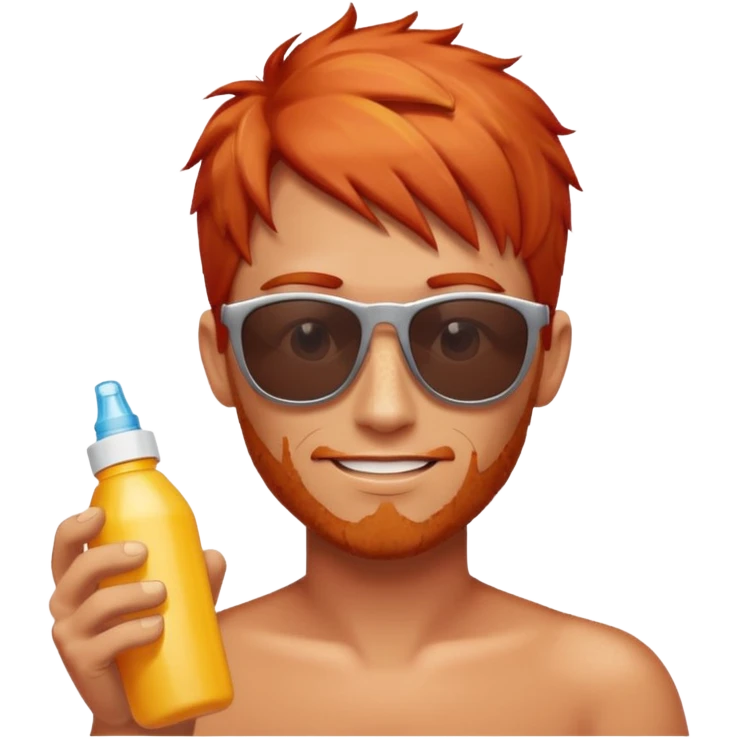 male red haired with suncream bottle and sunglasses, with sun burned emoji