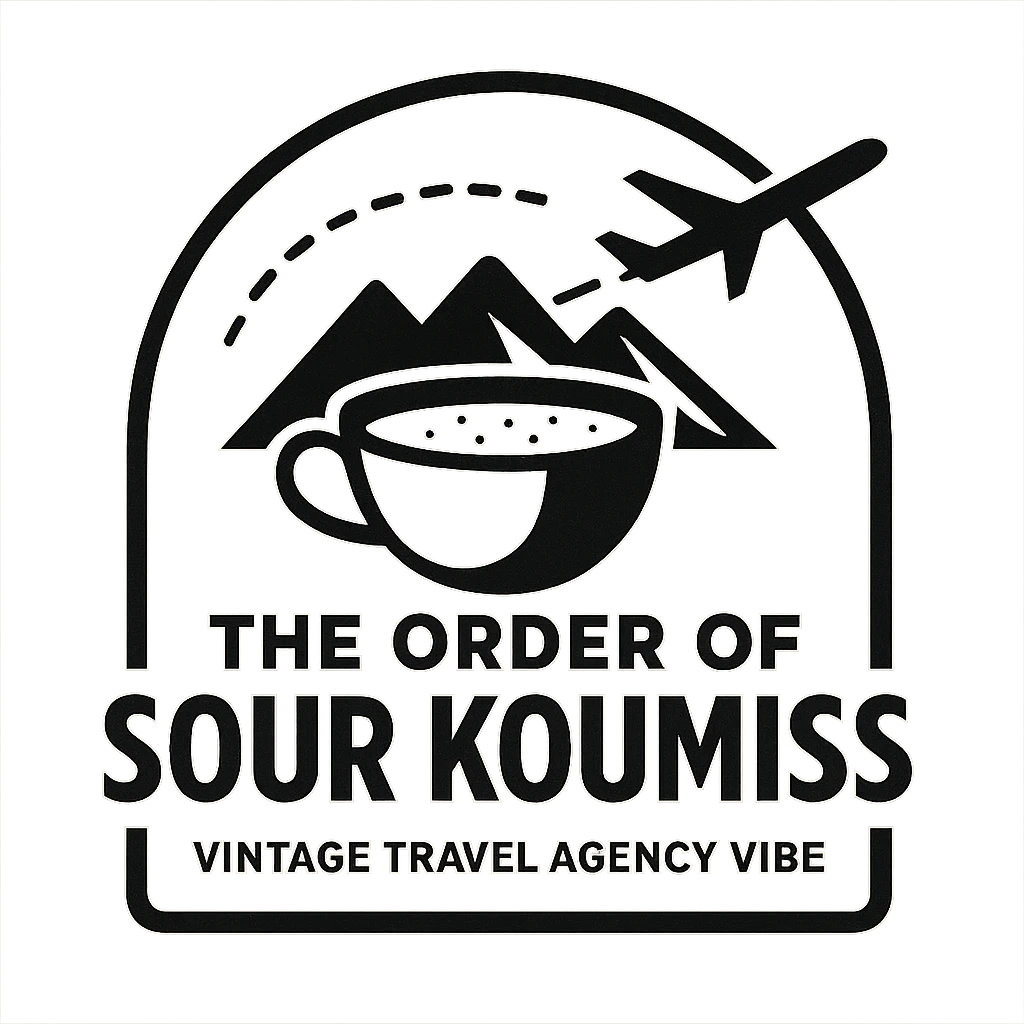 A black and white 90s-style logo for 'The Order of Sour Koumiss' with a vintage travel agency vibe, featuring a minimalist design emoji