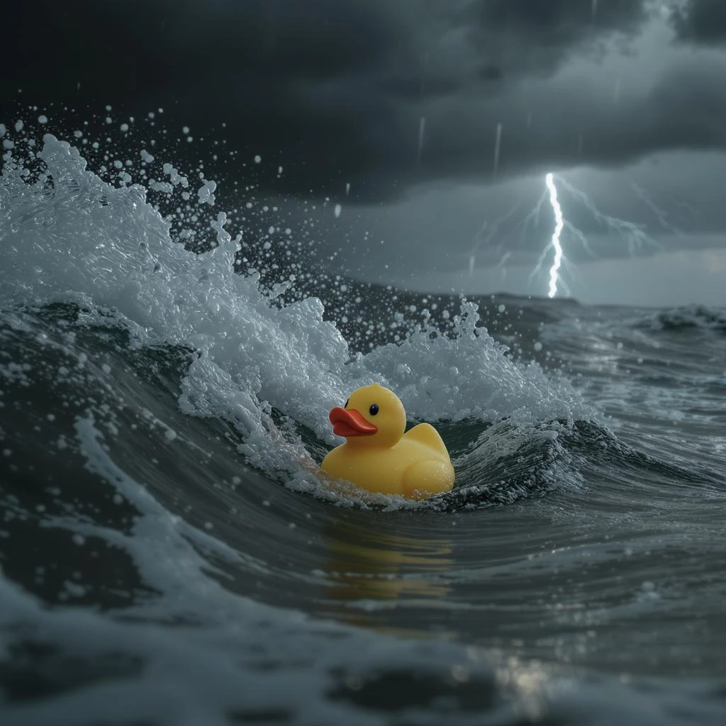 Cinematic still, Extreme Closeup shot of Yellow duck toy on ocean during storm, Camera from top, inspired by interstellar emoji