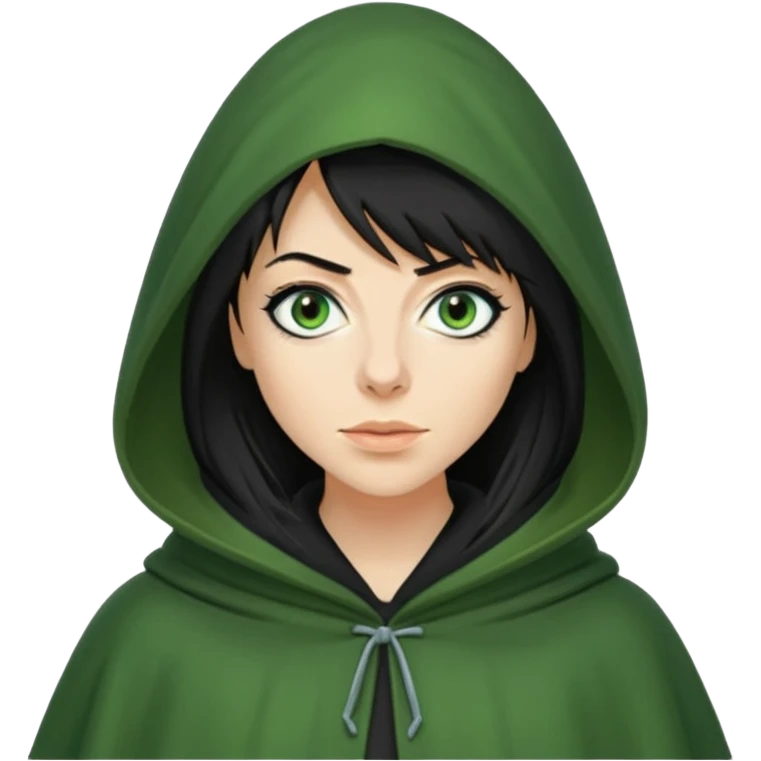 claudia winkleman as a traitor with a green hooded cloak and dark black eyeliner emoji