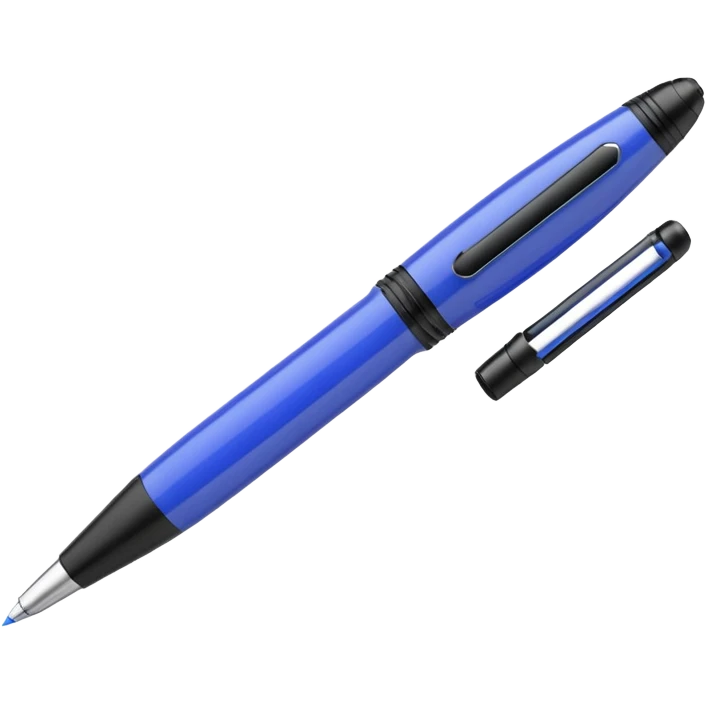 3D render of Hidden Camera Pen, secret agent spy gear aesthetic, hidden mechanisms, glossy blue ballpoint pen with a glass lens tip, sleek tactical texture, Apple emoji style, isolated on white background --v 6.0. emoji