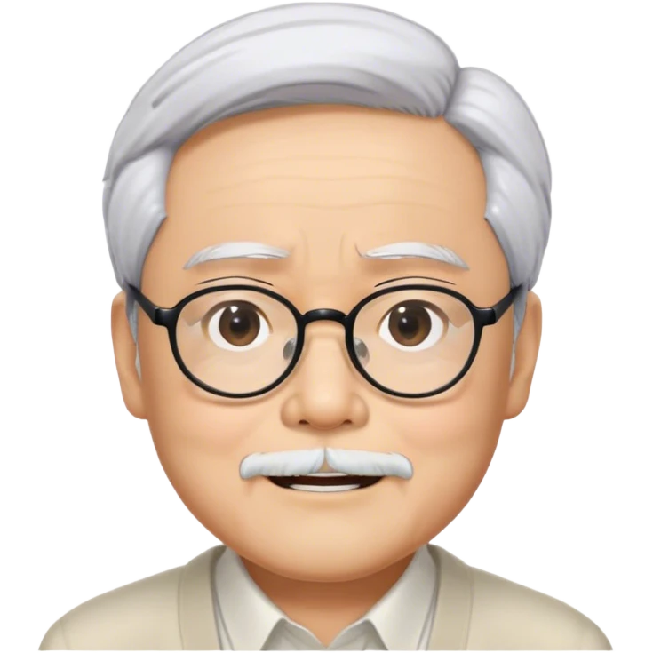 ​Cinematic Realistic Portrait of Hayao Miyazaki, depicted with defined black eyebrows, and large rectangular glasses, his happy expression rendered in lifelike detail, illuminated with soft, realistic lighting that emphasizes his creative genius, emoji