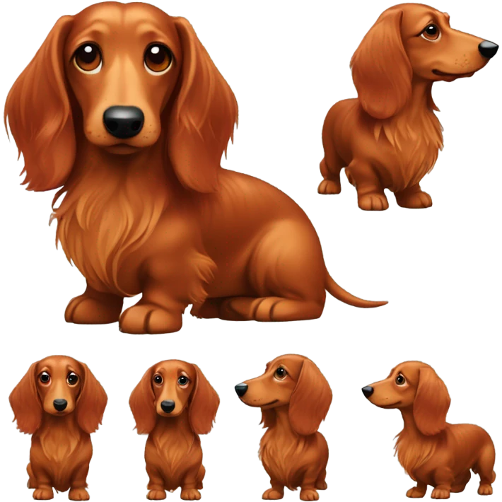 A long-haired marble dachshund stands red-haired emoji