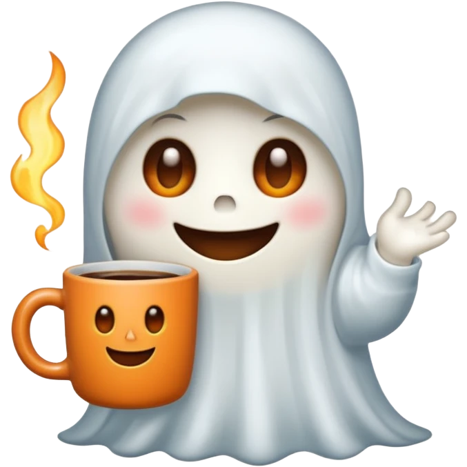 
a cute ghost holding a mug of hot coffee
 cartoon -style/cute and transparent for a sticker 
 emoji
