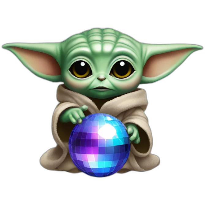 baby yoda with a disco ball on his hesd with eyes up emoji