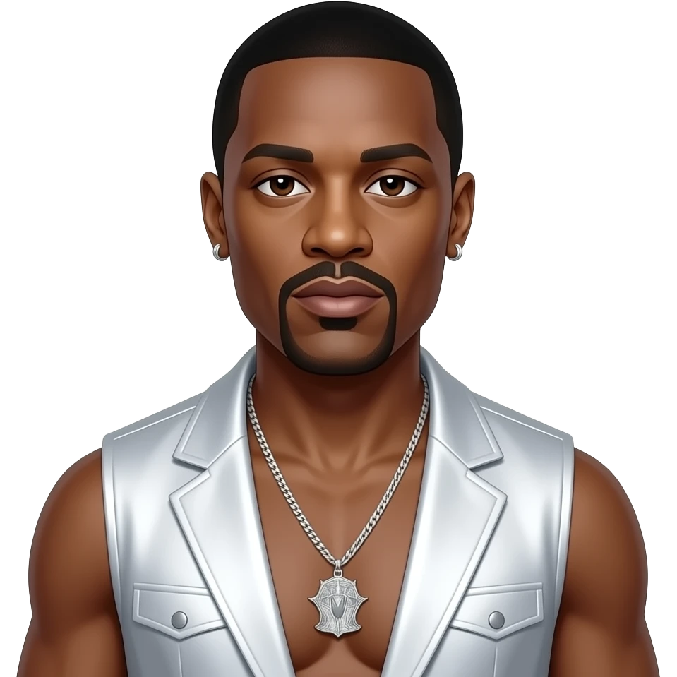 P Diddy with dark brown eyes, black hair, white metallic vest, shirtless with necklace and earrings emoji