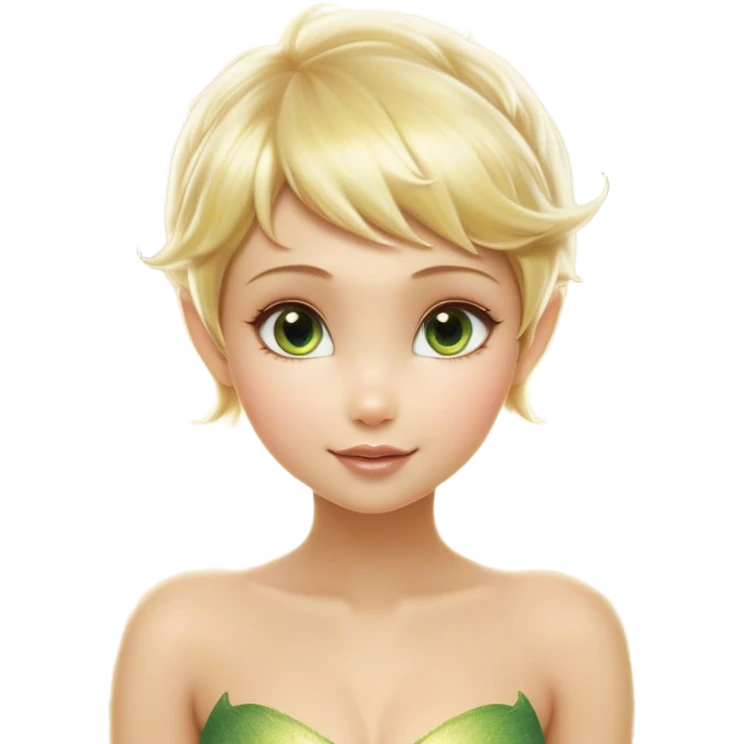 Cinematic Realistic Blonde Tinker Bell Fairy Portrait, depicted with lifelike, delicate skin glowing with a subtle radiant aura, soft natural lighting accentuating her gentle features, and intricately detailed golden blonde hair styled in a whimsical pixie cut. Her iridescent, translucent wings shimmer with delicate fairy dust, and her expressive, sparkling eyes reflect a world of magic. Adorned in a subtle blend of woodland greens and soft pastel accents, the portrait exudes an enchanting glow that seamlessly merges realism with fairy charm. emoji