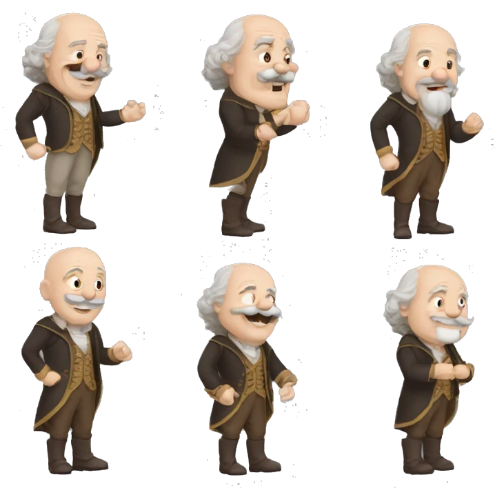 Short pudgy old man over enthusiastic happy excited face bald forehead long wavy gray and brown brunette long wavy hair moustache Shakespearean dress vintage clothes hamlet small arms emoji
