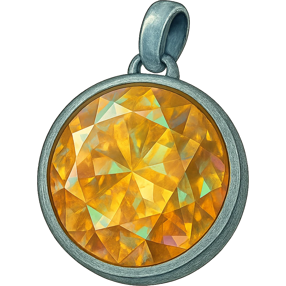 extreme close up of a round cut holographic amber charm with silver metal accent emoji