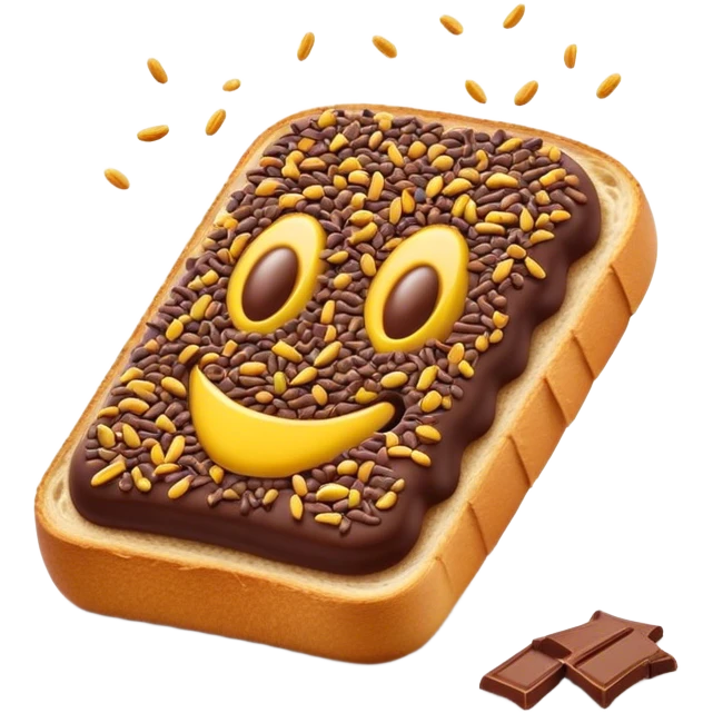Cinematic Realistic Hagelslag Treat Emoji, depicted as crunchy chocolate sprinkles on buttered bread rendered with vivid textures and playful, inviting lighting. emoji