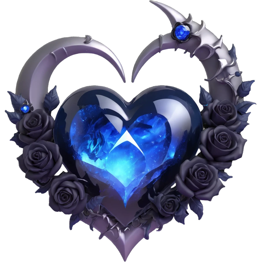 Make the gothic heart more dramatic: deepen the blue glass, enlarge the silver crescent moon, add more black roses, increase sparkling stardust, make the lightning bolt crack more vivid, enhance the wet glossy finish, exaggerate fractured glass, and add a glowing aura for a dramatic effect. emoji