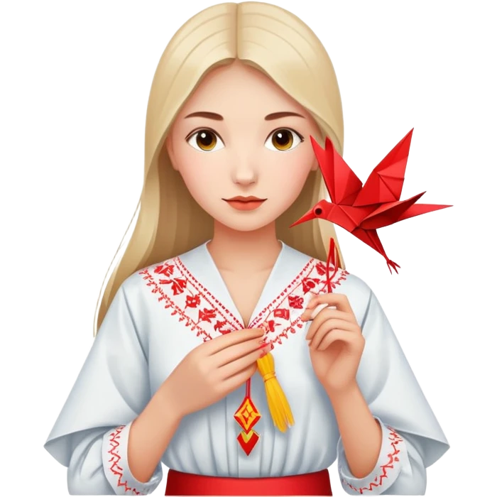 Ukrainian young girl in traditional embroidered vyshyvanka shirt holding a red origami paper crane emoji