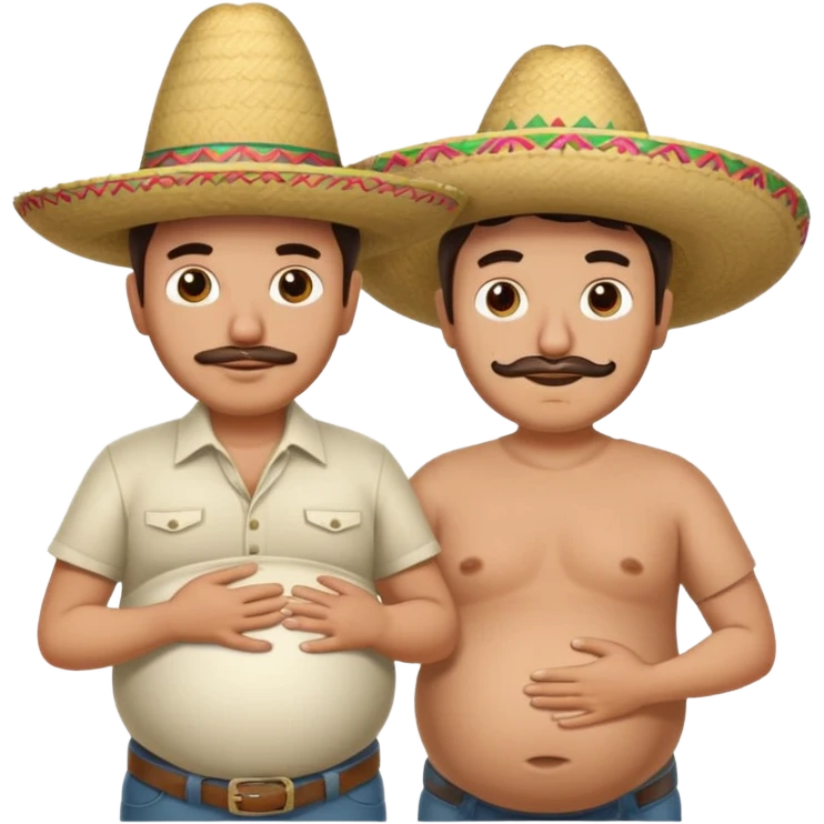 only two men standing besides each other. 1 man is white and not pregnant, and the other man is mexican wearing a sombrero and pregnant, holding his belly.  emoji
